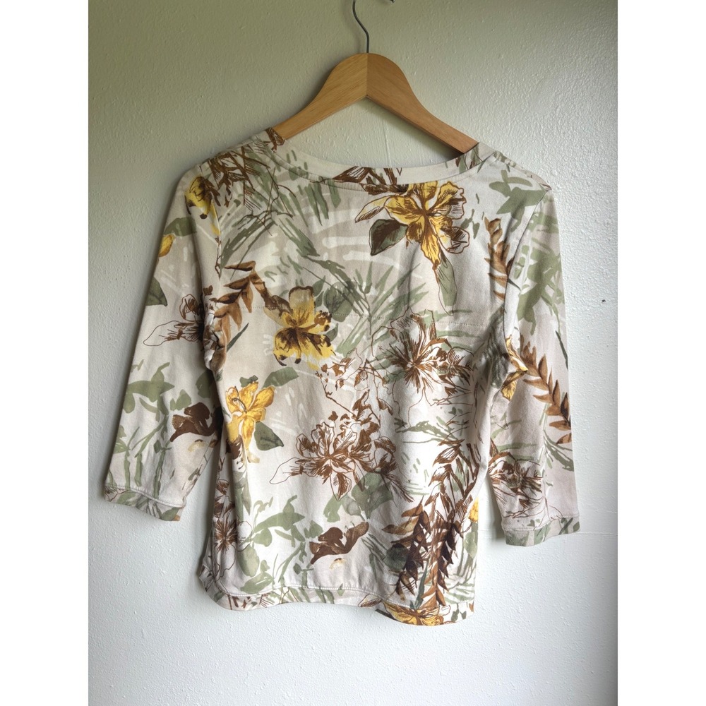 Caribbean Joe Womens Tropical Floral Square Neck Crochet Trim 3/4 Sleeve Top S - Picture 2 of 7